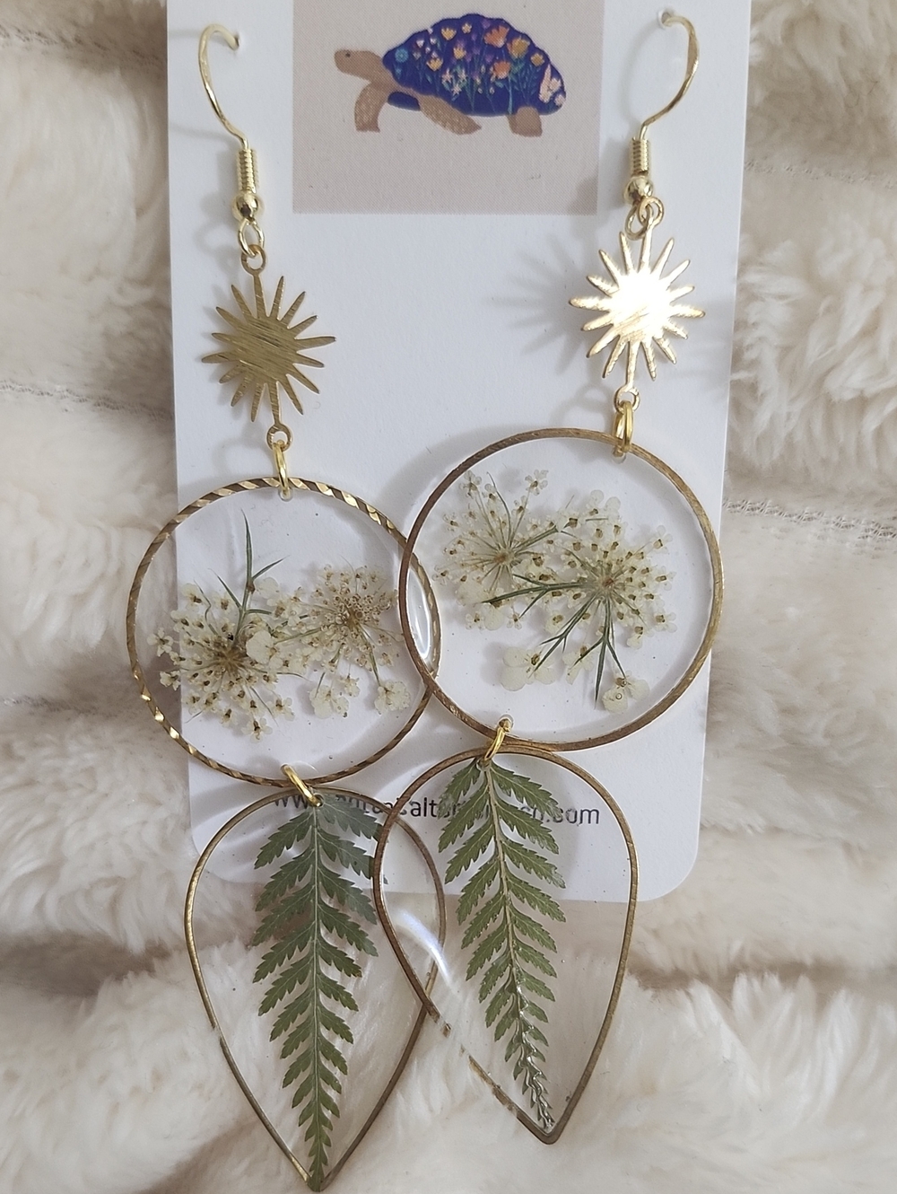 Handmade Botanical Gold Drop Earrings with Pressed White Flowers and Green Ferns